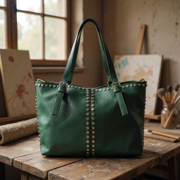 👜 Black Rivet Green Studded Faux Leather Tote – Shoulder Bag